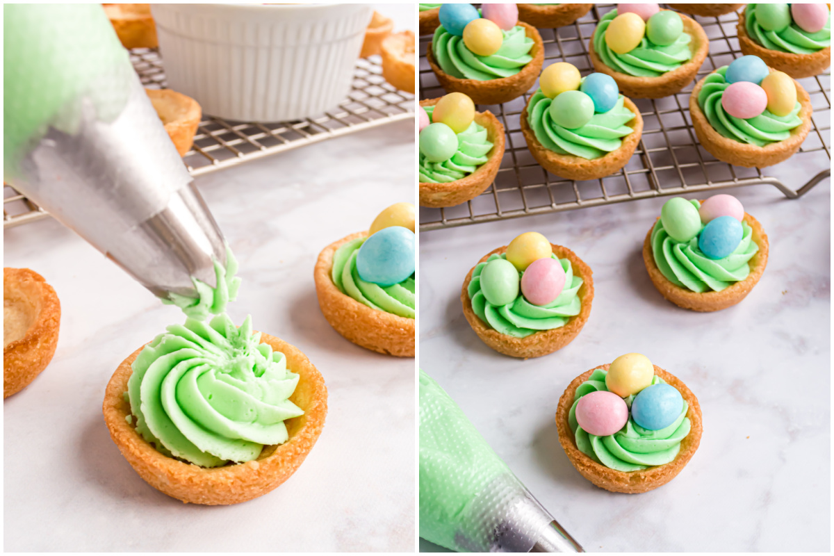 Collage of piping frosting into sugar cookie cups and topping them with egg candies