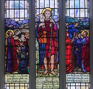 east window: Christ the Good Shepherd flanked by the Raising of Lazarus and the calling of Zacchaeus (Caroline Townshend and Joan Howson, 1936)