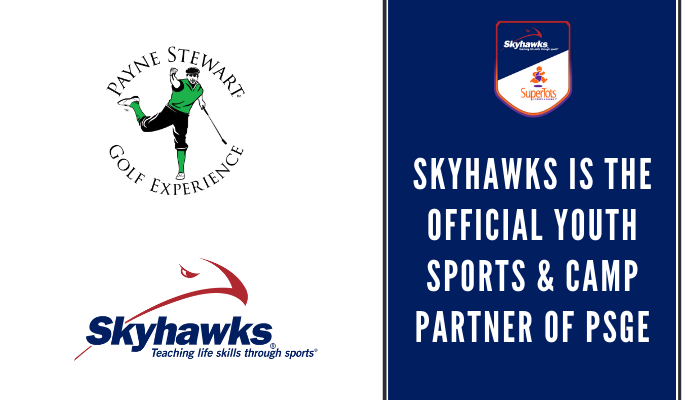 Header features a logo with a man in a green shirt holding a golf club and in a circle around him are the words Payne Stewart Golf Experience. Beneath that is the Skyhawks logo, which features a red hawk head and blue lettering that says Skyhawks powered by Stack Sports. The right side of the page has a blue stripe running down it with the title. 