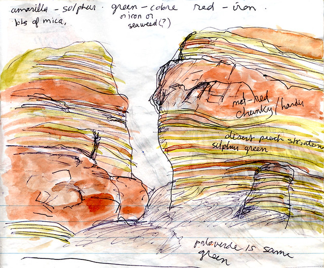 In my journal, ball-point pen and watercolour drawing of the multi-coloured stone in a quebrada (canyon) in Cafayate, Argentina