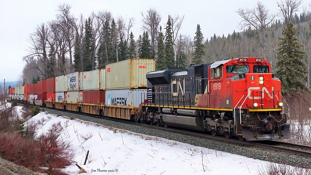 West bound stack @ mile 73.6 on CN’s Telkwa Sub east of Houston, BC - 3 March 2022 [© WCK-JST]