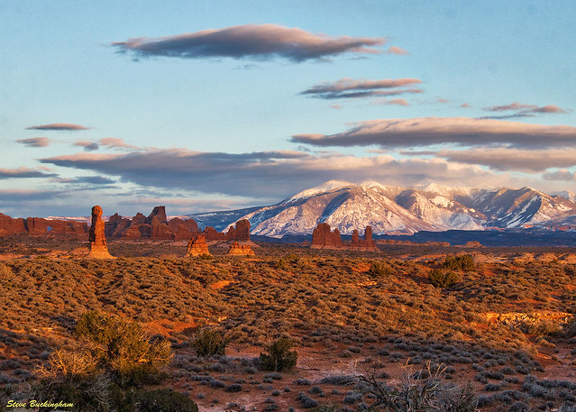 La Sal Mountains seen from Arches National Park during the golden hour
