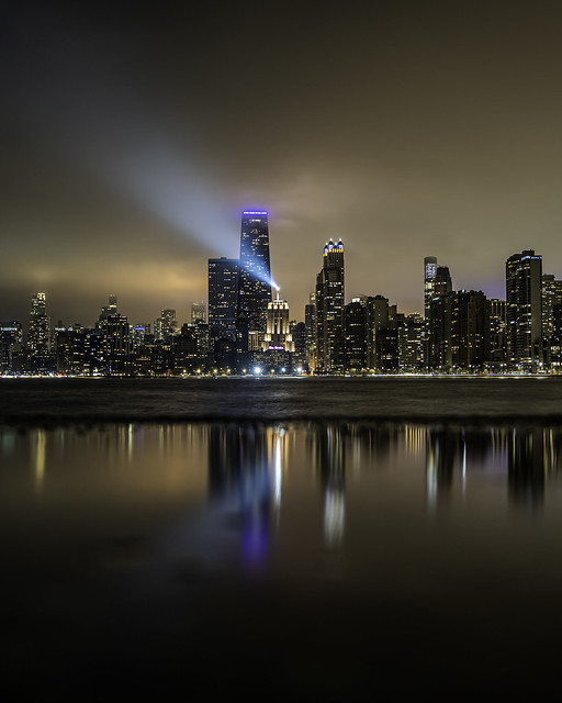 Chicago Skyline | Gotham Night, Palmolive Building Searchlight Illuminated Reflection