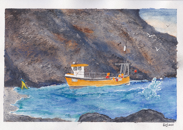 Watercolour painting of Cadgwith Fishing Boat FH529 'Kingfisher II' coming ashore