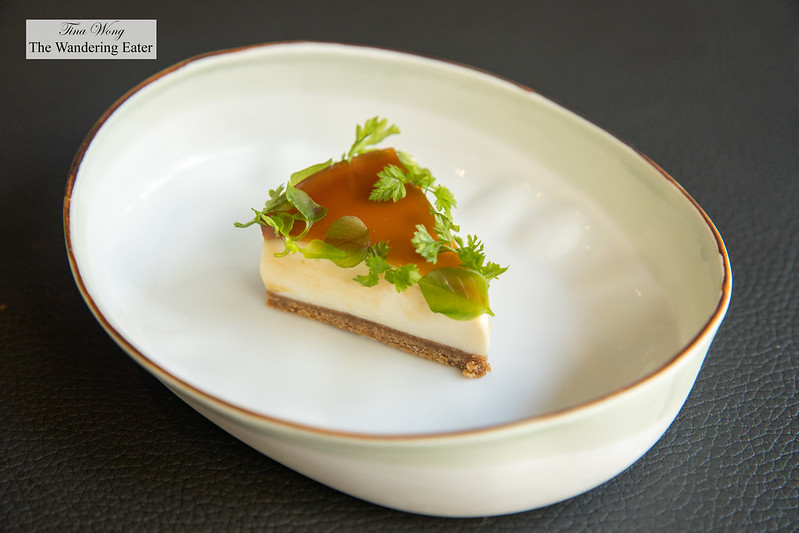 Savory cheese "cake" with quince gelee and micro herbs