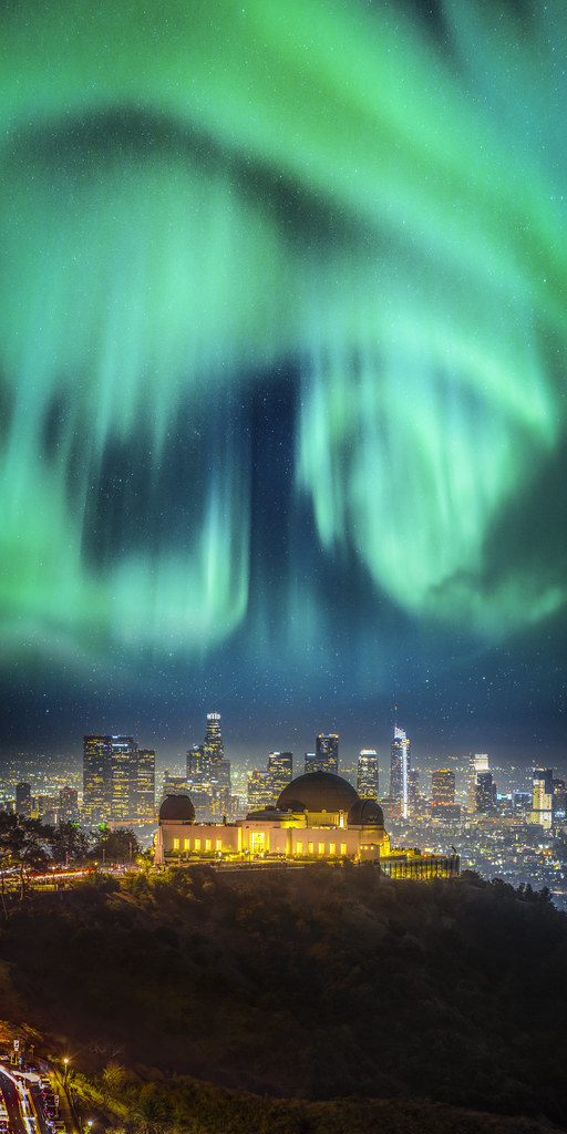 Vertical Panorama Cannibal Solar Flare Mass Ejection Griffith Observatory Los Angeles California Northern Lights Fuji GFX100 Fine Art Landscape Nature Astrophotography Aurora Borealis North America Dancing Green Lights! Dr. Elliot McGucken Fuji GFX 100