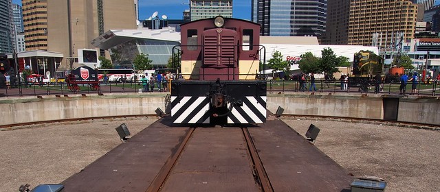 On the turntable -  Whitcomb/CLC 50-ton diesel-electric center-cab switcher - Railway Lands, Toronto.