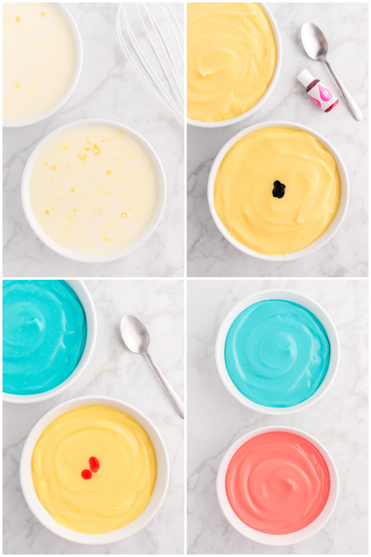 Collage of vanilla pudding being dyed blue and pink