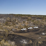 20220402-OC-LSC-0142 Panorama of U.S. Department of Agriculture USDA Forest Service FS wildland hotshot firefighters from California were are on the hillside to check for and put out hotspots in remaining embers of burnt trees and brush from the Das Goat Fire, south of Medina Lake and West of San Antonio, TX, on April 2, 2022.  The point of ignition was a disabled vehicle that pulled off of County Road 271 and caught fire.  The fire proceeded to the north and northeast. The fire is now 100 percent contained and consumed 1,092 Acres of grass and shrubs.  The car was completely burned, leaving bits of charred tires, metal pieces, and two large pieces of aluminum metal melted from the wheels, then pooled and solidified under the car.  
USDA Courtesy by Lance Cheung.