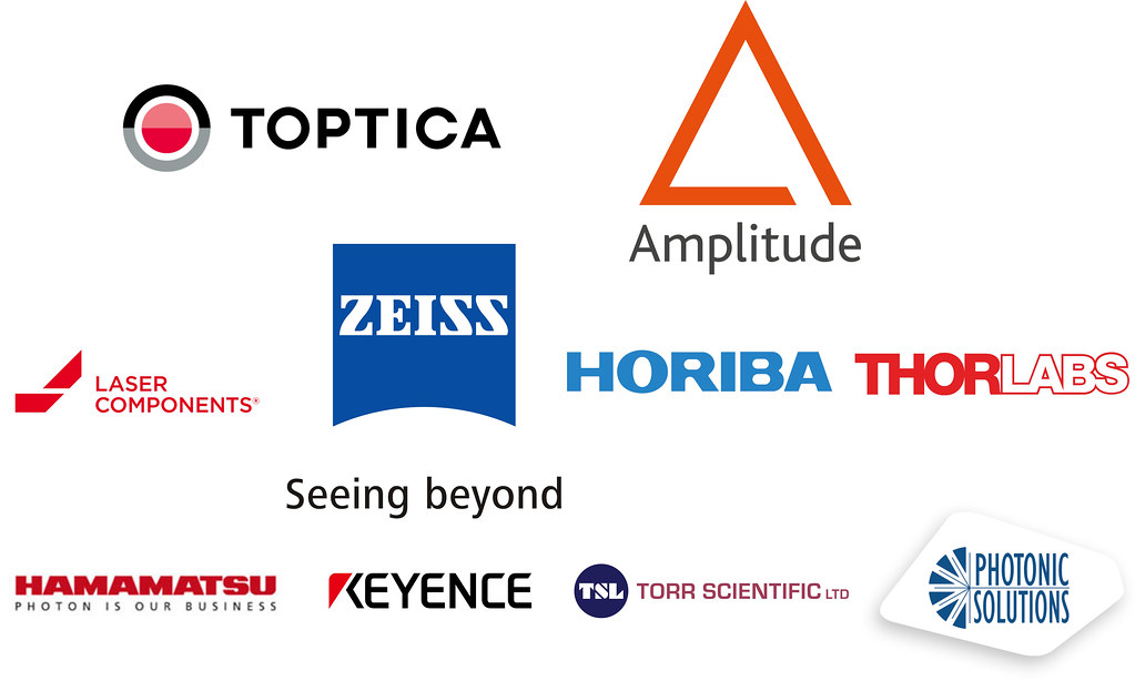 Logos of Toptica, Laser Components, Zeiss, Thorlabs, Photonic Solutions, Hamamatsu, Keyence, Torr Scientific, Horiba and Amplitude