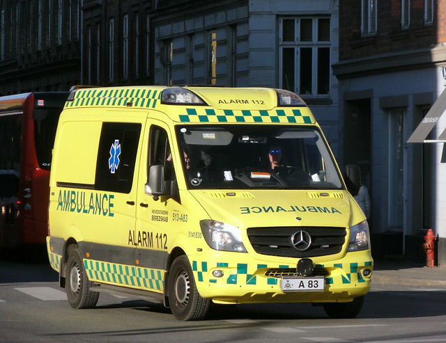 Copenhagen Ambulance service Mercedes Sprinter A83 is seen on the road