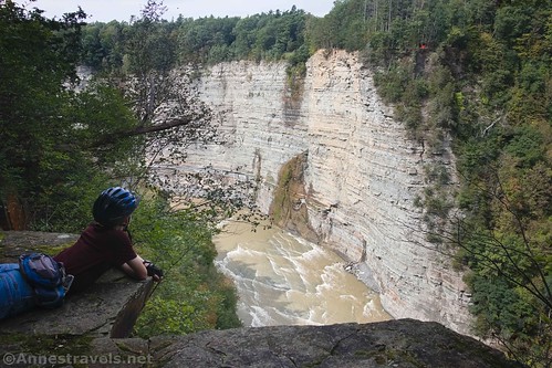 Looking down on Inspiration Falls (aka the wet spot on the cliff wall) and rapids in the Genesee River, Genesee Valley Greenway, Big Bend Road, New York