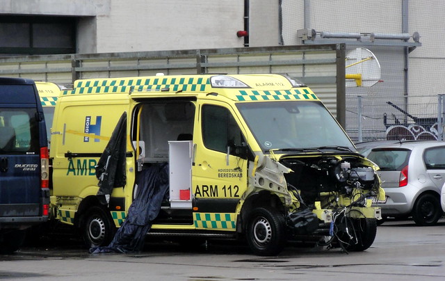 Accident write off remainder of Mercedes Sprinter Copenhagen Ambulance is seen after spare parts recovery