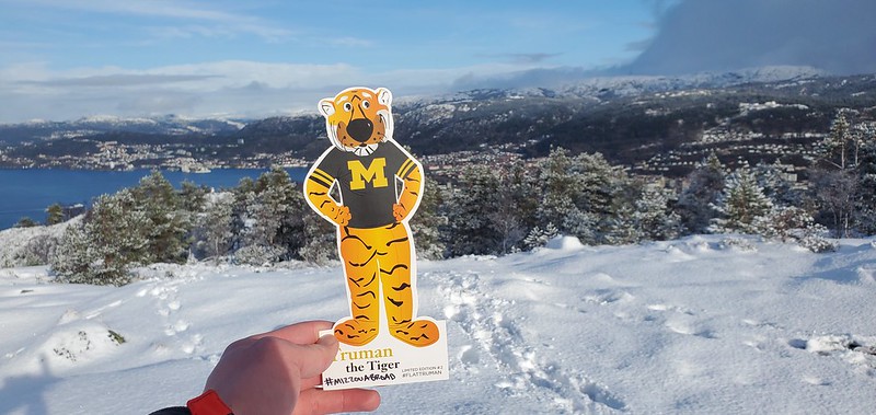 Flat Truman in front of the snowy path on the top of a mountain.