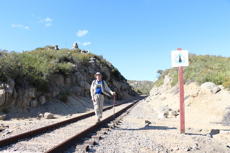 Me, balancing on the rail at the railroad tracks north of the Mexican Border on the Pacific Crest Trail