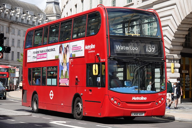 Metroline TEH1107 LK60AHY is seen passing along Regent Street, London on 5 July 2021.