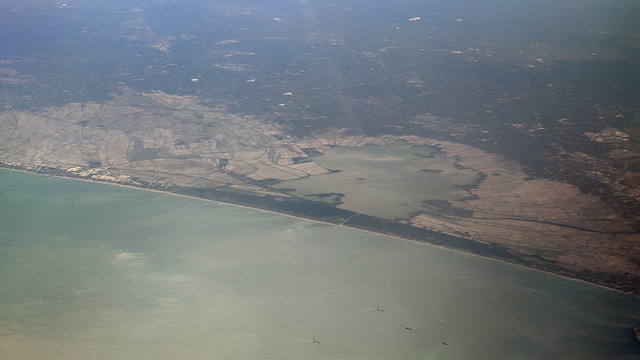View down to Albufera de Valencia as we fly to Madrid, Spain