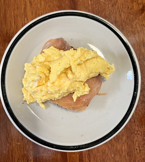 Homemade scrambled eggs and smoked salmon
