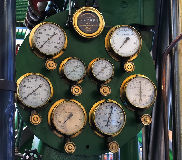 Complex steam engine gauge board, London Museum of Water & Steam, London TW8.