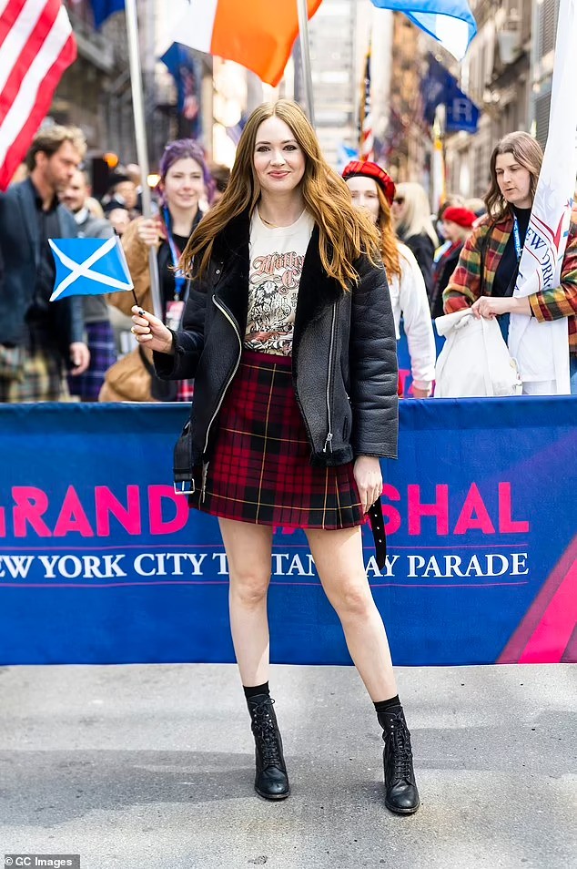Doctor Who star Karen Gillan leads celebrations at NYC's Tartan Week in a red kilt as she pays homage to her Scottish roots
