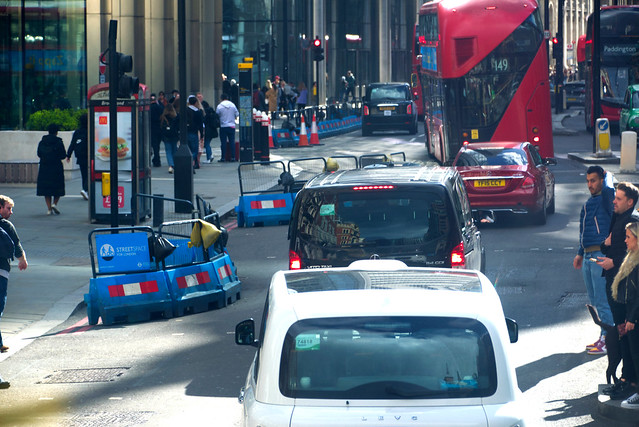 DSC_1398 City of London Bus Route #205 & #149 Bishopsgate Street Space Stupid COVID-19 Coronavirus Social Distancing Barriers Causing Traffic Jams in the Business District