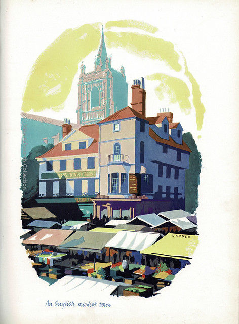 An English Market Town [Norwich] : colour plate by Reginald Lander, 1939