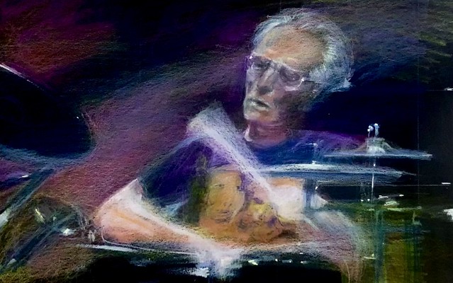Ginger Baker , English Drummer.  finished portrait drawing by jmsw on black card, Luminance 6901 Coloured pencils.