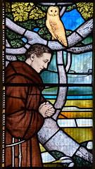 a friar and an owl watch St Francis blessing the birds (Harry Mileham, 1938)