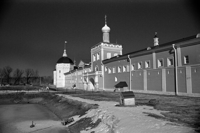Monastery wall with  towers  of Nikolo-Peshnoshsky Monastery. Founded in 1361
