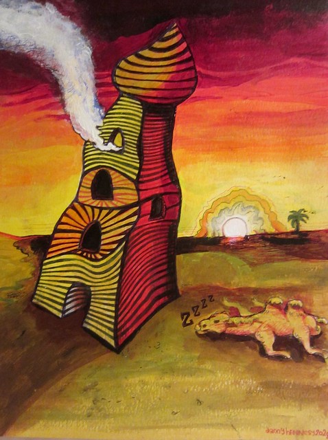 A surrealistic and unreal tranquil hookah in a hot Arabian night even gets the Camels drowsy (surreal artwork by Danny Hennesy 2022) arte kunst peinture, painting pinta