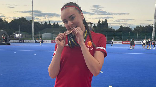 Vicki McCabe with her bronze medal at the Women's Junior Hockey World Cup