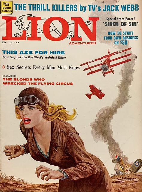 “Lion Adventures,” Vol. 2, No. 4 (July 1960).  WWI Air War cover for Sam Temple’s “The Blonde Who Wrecked the Flying Circus.”