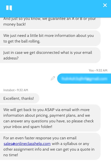 On OnlineClassTaker.com, you can chat only with AI, so if you need more detailed information, you need to contact support agents via email, but you can't count on a quick answer.