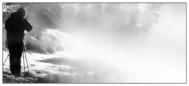 mountain river morning mood in bw