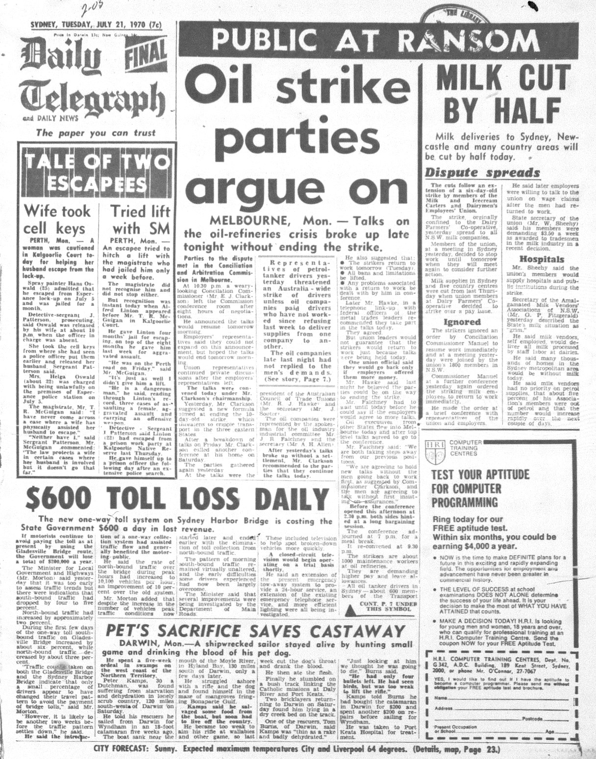 Sydney Harbour Bridge Tolls July 21 1970 daily telegraph 1