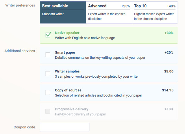 On Domyessay.net, you can choose writer level and additional services for your paper.