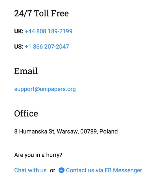 You can contact the customer support managers on Unipapers.org via phone number, email, and an online chat.