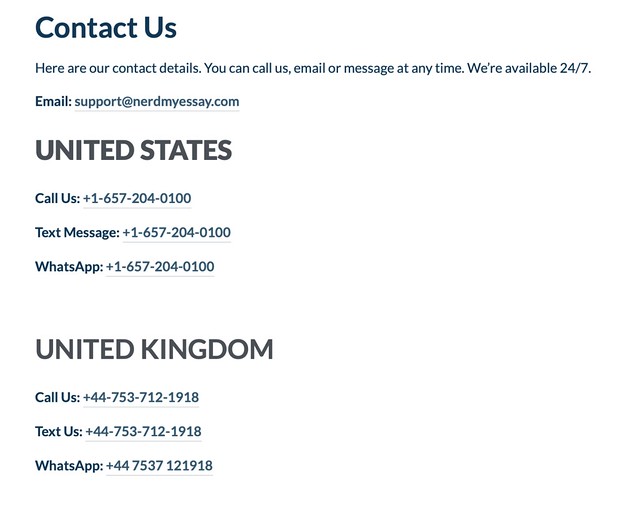 You can contact the customer support managers on Nerdmyessay.com via the phone number, email, and an online chat.