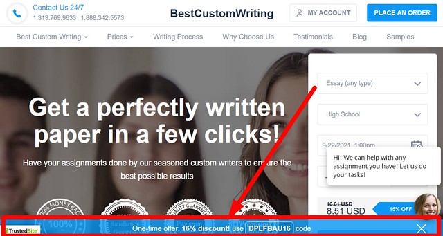 One-time discount on the main page of Bestcustomwriting.com