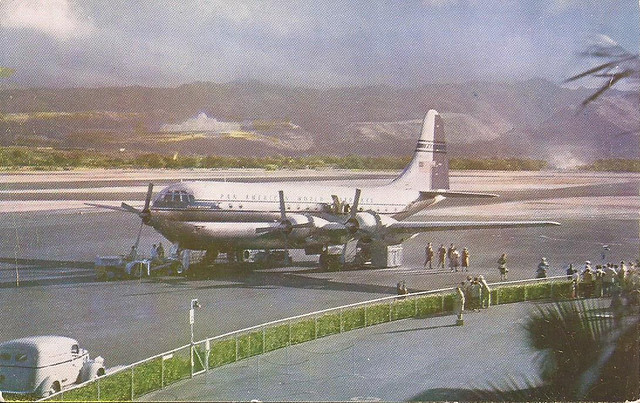 Honolulu International Airport (HNL) postcard featuring a Pan American Boeing Stratocruiser on the tarmac - early 1950's
