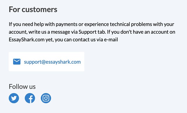 The only way to contact the support team on Essayshark.com is by email.