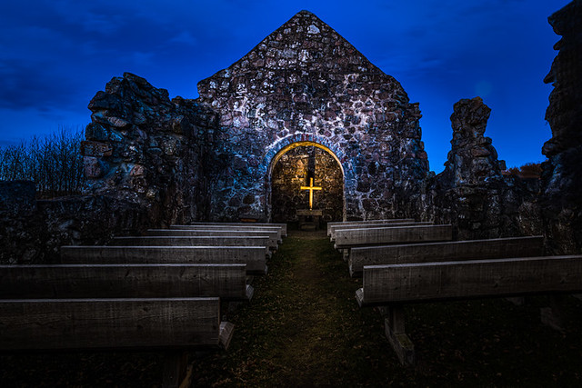 Rya church ruin in the night