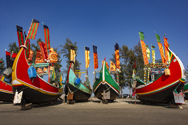 Colorful Fishing boats on Inani Sea Beach in Teknaf