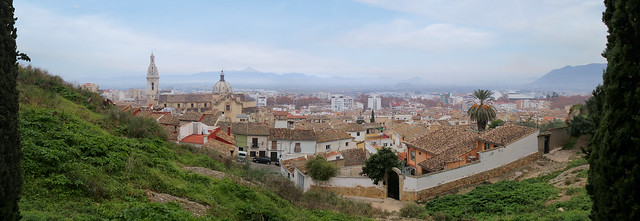 Early morning panorama of Xàtiva where the tower of La Seu rises above it