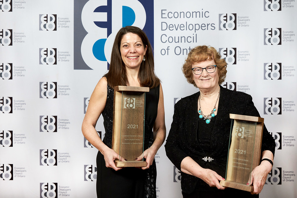 Central Huron's Community Improvement Coordinator Angela Smith (left) and Councilor Alison Lobb accepted two awards for their Huron Student Honey project at the President’s Dinner hosted by the Economic Developers Council of Ontario at their 65th Annual Convention held the first week of April in Toronto. (Submitted photo) 