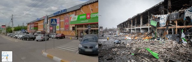 Giraffe Mall near Bucha - Google Street 2020 vs. present 2022. War in Ukraine.
