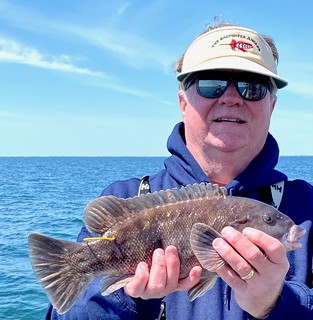 Photo of man on a boat holding a tautog