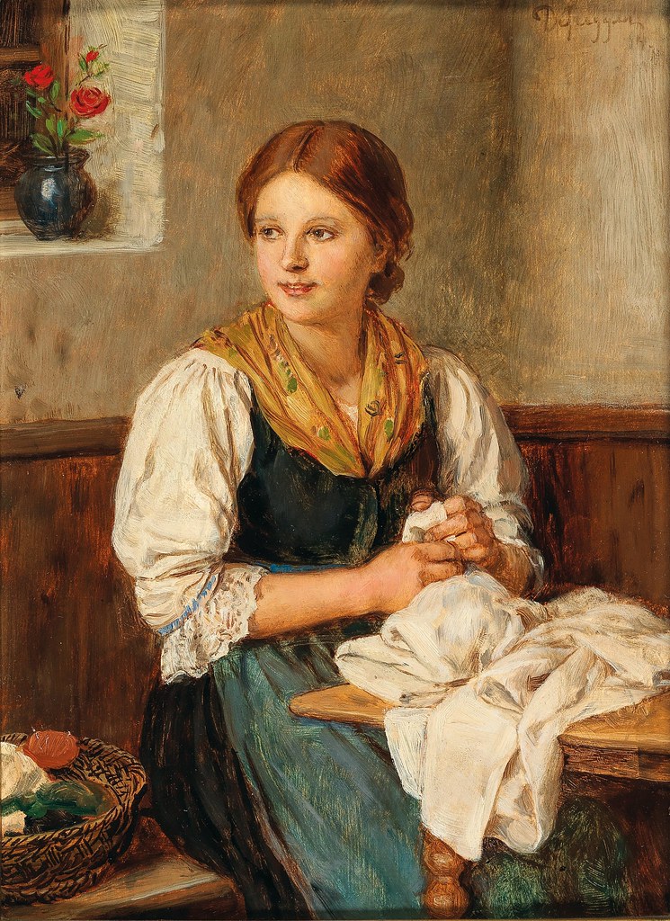 Franz von Defregger «A Young Girl in Traditional Costume Sewing at Home», 1884
