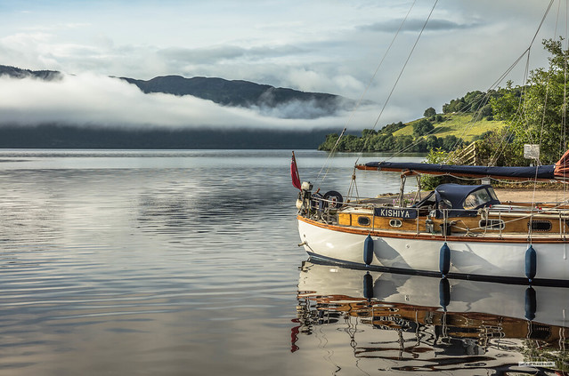 Marina at Urquhart Bay, Loch Ness. Morning mist is yet to disperse but the atmosphere was mesmeric, Inverness-shire, Scotland.