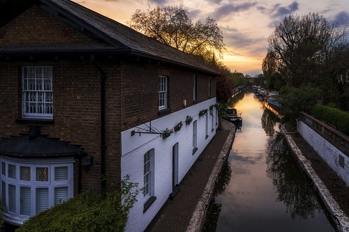 london uk tree water british buildings boat sunset dusk architecture city britain urban gb canal house england